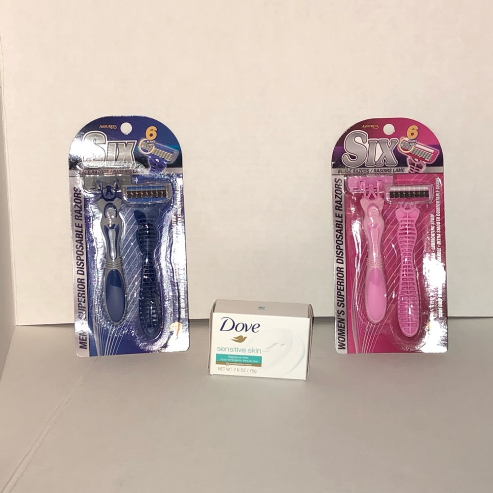 His and her 6 blade razors plus a bar of Dove soap